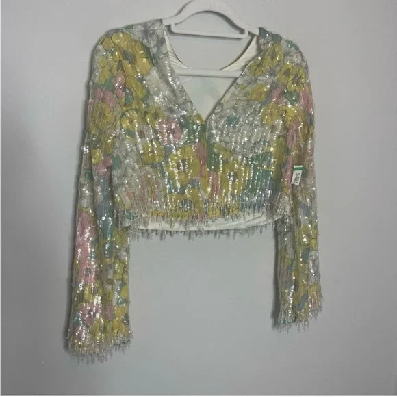 ASOS EDITION pastel floral print and sequin long sleeve top with fringe - Picture 6 of 13